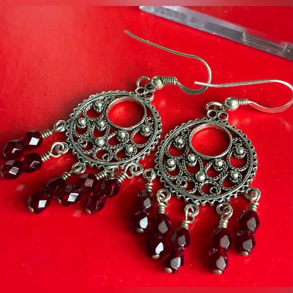 925 Sterling Silver Earrings,Filigree Dangle Earrings with Garnet Red Bead Drops